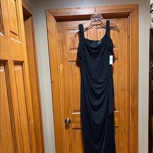 Alex Evenings Black Beaded Draped Prom Gown